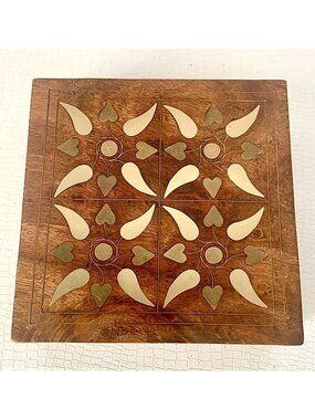 Handcrafted Wooden Box With Brass Inlays Decorative Lid Rustic Finish
